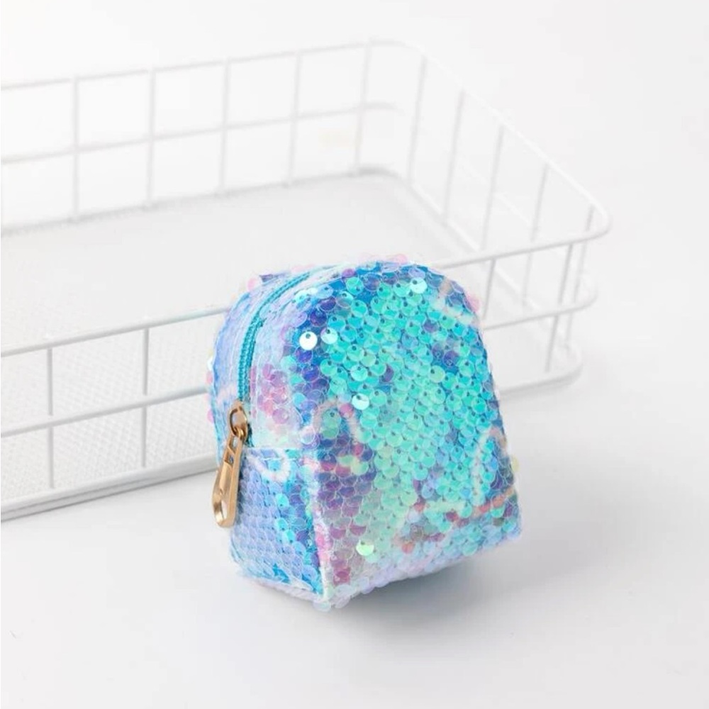 Mini Blue Sequined Backpack Coin Purse Small Zip Pouch